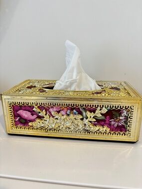 Vintage Hollywood Regency tissue box holder floral pattern gold pink Mid century